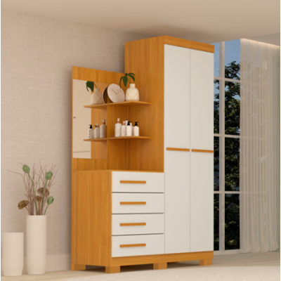 Guarda-roupa Solteiro 2 Portas 4 Gavetas com Espelho Melissa Nature Off White cod 641.033